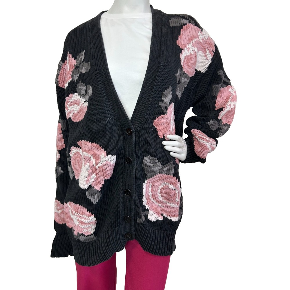 VTG 90 Jones New York Chunky Cotton Knit Cardigan M Black Pink Rose Grandpa Core